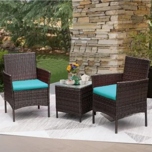 3 pcs Patio Cushioned Rattan Conversation Set With Glass Table