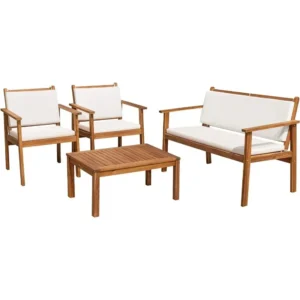 4 Piece Outdoor Acacia Wood Patio Conversation Sofa Set with Table and Cushions