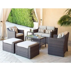 7-Piece Wicker Chairs with Ottoman & Loveseat with Glass Coffee Table